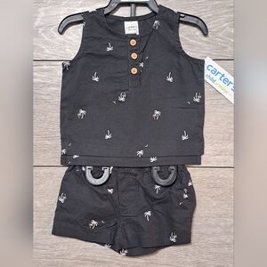 Carter's Black Palm Tree Baby 2 Piece Outfit Set. Sleeveless Top With Shorts